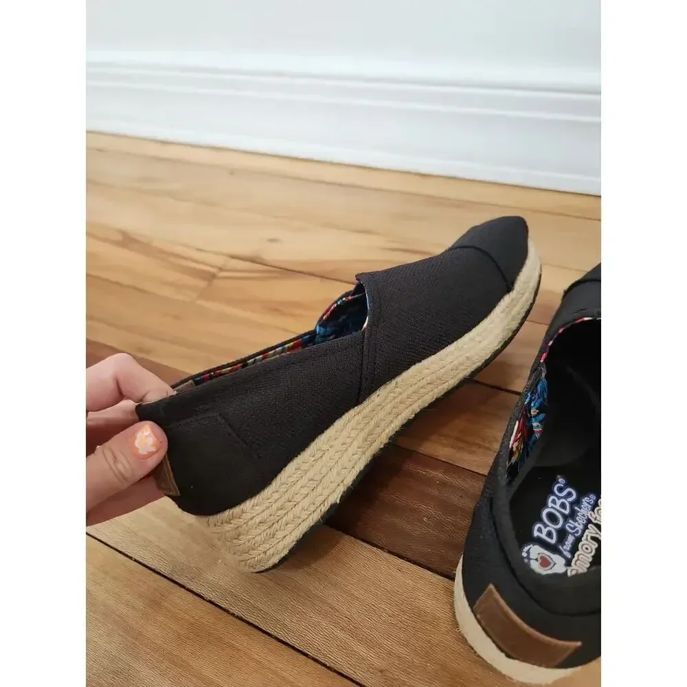 BOBS Skechers Womens 6 Espadrille Slip-On Black Linen Comfort Shoes Memory Foam